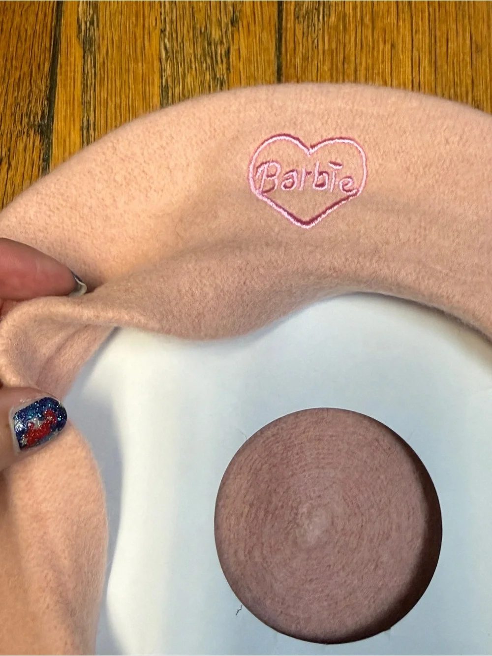 Barbie Blush Pink Fuzzy Beret with Embroidered Heart Logo